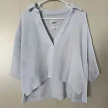 Aerie Waffle Knit Oversized Top Small • Light Gray Collared Split Neck • Cozy Lo