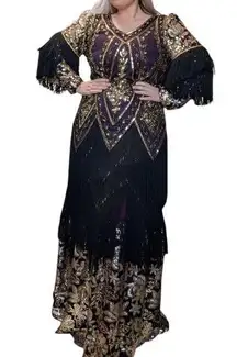 Vintage Sequin Fringe Formal Maxi Dress Black Gold Plum Purple Womens Large Art