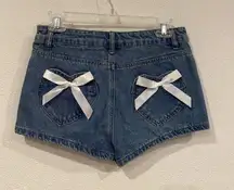 Edikted Shorts Womens Small Blue Denim Heart Pockets Bow Ribbon Zip Fly S16067