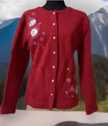 Y2K Snowmen W Snow Fleece Sweater Snap Embroidered Red Classic Elements-sz L