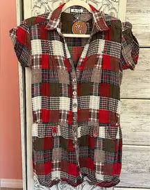 prairie patchwork plaid short romper with pockets size NWT M