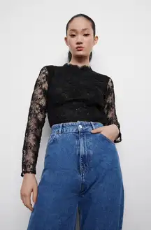 Black Sheer Mesh Lace Blouse with Sequins