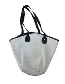 Bag Womens Size Large Black Woven Straw Tote Black Leather‎ Handles Coastal Chic