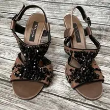 Nina Cutout Bead Stiletto Sandals Crepe Fabric Leather Sole 6.5 Black Rust Brown