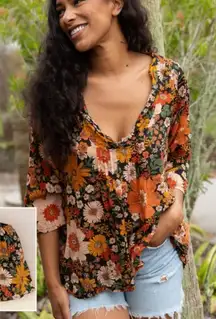 Natural Life NEW Loge Floral Boho Cotton Top w/ Matching Drawstring Bag S/M