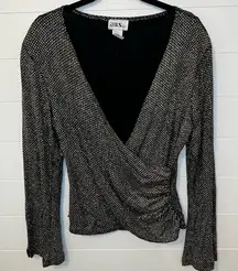 J.B.S. Elegant Black and White Wrap Blouse Gold Silver Metallic Large Party