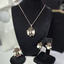 Copper Tone Necklace Earrings and Ring Set Rose Flower w/ Faux Pearls New