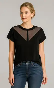 SHEIN Black V-Neck Mesh Style Short Sleeve Top Button Back Shirt Size Small