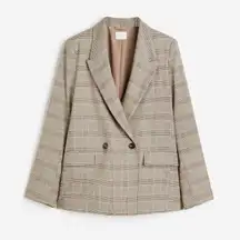 H&M preppy casual Tan Plaid Double-Breasted Blazer V neck size S office wear
