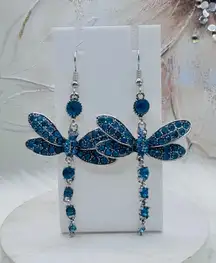Dragonfly Long Statement Earrings Blue Rhinestones