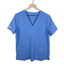 Figs Casma Three-Pocket Scrub Top Ceil Blue Aya Healthcare Embroidered Medium