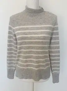 EUC Charter Club Luxury Gray Striped Cashmere High Neck Button Sweater Size M