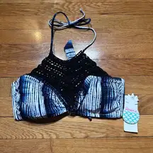 Raisins Lotus Bra Swim Top Women's Large Blue/Black Macrame High Neck Tie