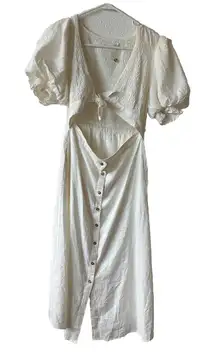 White Puff Sleeve Dress Halter Top Smocked Back Women's Large Tie Front Buttons