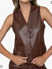 Lulumari  Women’s Brown Button Front Sleeveless Faux Leather Vest Large