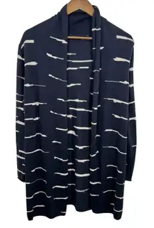 NIC+ZOE Size Large Navy Beige Abstract Stripe Open Front Long Line Knit Cardigan