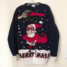 Vintage Funny Xmas Christmas festive Navy blue white red superhero santa claus ugly sweater 