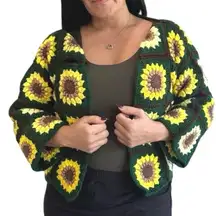 Handmade Crochet Sunflower Cardigan Sweater Boho Festival Cottagecore Vintage