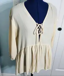 NWT Lucca Cream Cottagecore Boho Lace Up Peasant Top Size Medium