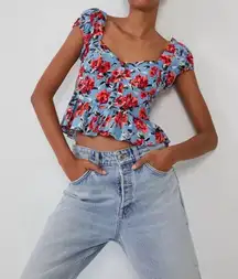 Zara Smocked‎ Back Floral Cropped Top Red & Blue Size Small