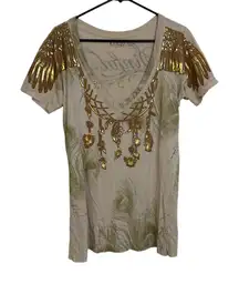 Sinful by Affliction Shirt Womens Large Graphic Angel Metallic Tattoo MMA Gold