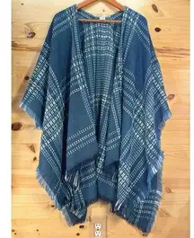 Christopher & Banks Women's One Size Blue Plaid Cape Wrap Fringe Hem