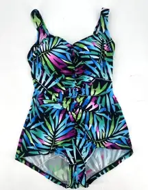 Maxine of‎ Hollywood Tropical Swimsuit one piece size 16 XL Ruched Black Blue