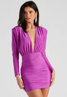 Magenta Ruched Bodycon Dress with Plunge Neckline