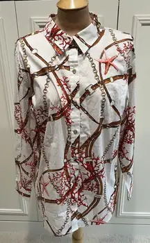 Susan Graver Bridle Coral Starfish Printed Button Up Shirt Artsy Equestrian