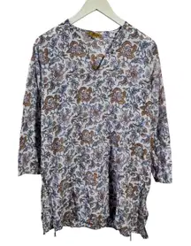 Roberta Roller Rabbit Top Women M White Blue Floral Tunic 3/4 Sleeve 100% Cotton