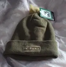 Puma olive green Sherpa lined beanie gold embroidered logo