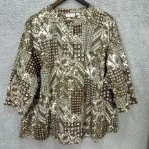 Joan River button‎ up top womens 2X Brown geometric patchwork boho cottagecore