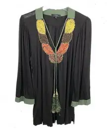 T-Bags Los Angeles Beaded V-Neck Tunic Top Black Green Rope Tassels Size Large