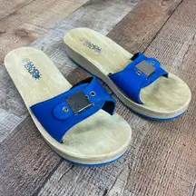 Sand N Sun Large 9-10 Blue Open Toe Sandals Faux Wood Vacation Beach Cruise