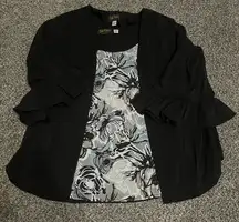 New Bob Mackie Wearable Art Black Ruffled Cardigan with Floral Print Tank Top M