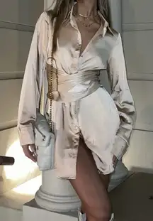 Showpo Hadid Button Down Satin Shirt Dress Tie Waist‎ Kimono Champagne Sz 10 NWT