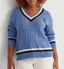 Lauren Ralph Lauren Cable-Knit Cricket Sweater V Neck Preppy Blue Womens Plus 1X