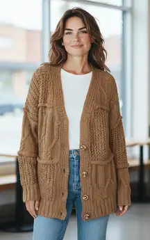 Leela & Lavender Oversized Tan Cable Knit Boyfriend Cardigan Sweater Womens S