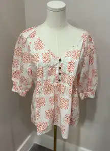 Anthropologie White Blouse with Orange‎ Pattern