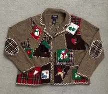 Designers Originals Patchwork Embroidered Holiday Christmas Sweater Cardigan