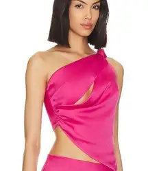 NBD  meera crop top Barbie pink hot one shoulder cut out knot satin