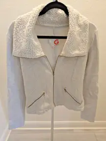 GUESS Women's M Gray Sherpa Shawl Collar Moto Biker Knit Jacket Cozy Soft