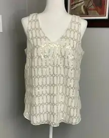 White House Black Market Gold & White Metallic Abstract Silk Top Medium