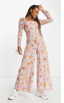 ASOS Women's Floral Bubble Crepe Square Neck Long Sleeve Jumpsuit 6 Tall