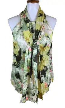 Ted Baker Silk Watercolor Floral Halter Neck Tie Blouse Green Yellow 3