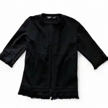 ZARA Women’s Black Fringe Hem Lace Trim Jacket Boho Open Front Coatigan Size XS