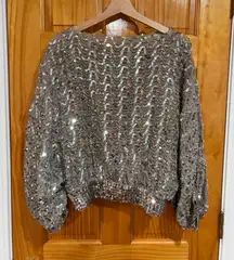 Vintage St. Martin Silver Sequin Beaded Blouse Top 80s Batwing Dolman