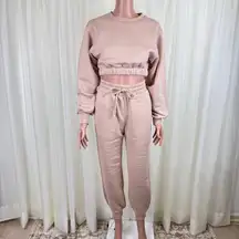 Zenana 2 Pcs Crop Sweatshirt Tracksuit Jogger Pants Set Outfit Active Loungewear Pale Peach Size Large
