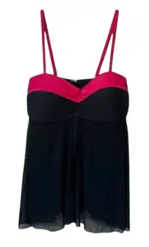 Hot Pink Black Mesh Tankini Swim Top Split Front Size 10