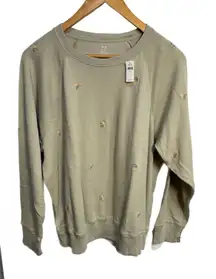 NWT AERIE 100% Cotton Crewneck Light Sage Green w Embroidered Flowers-XL